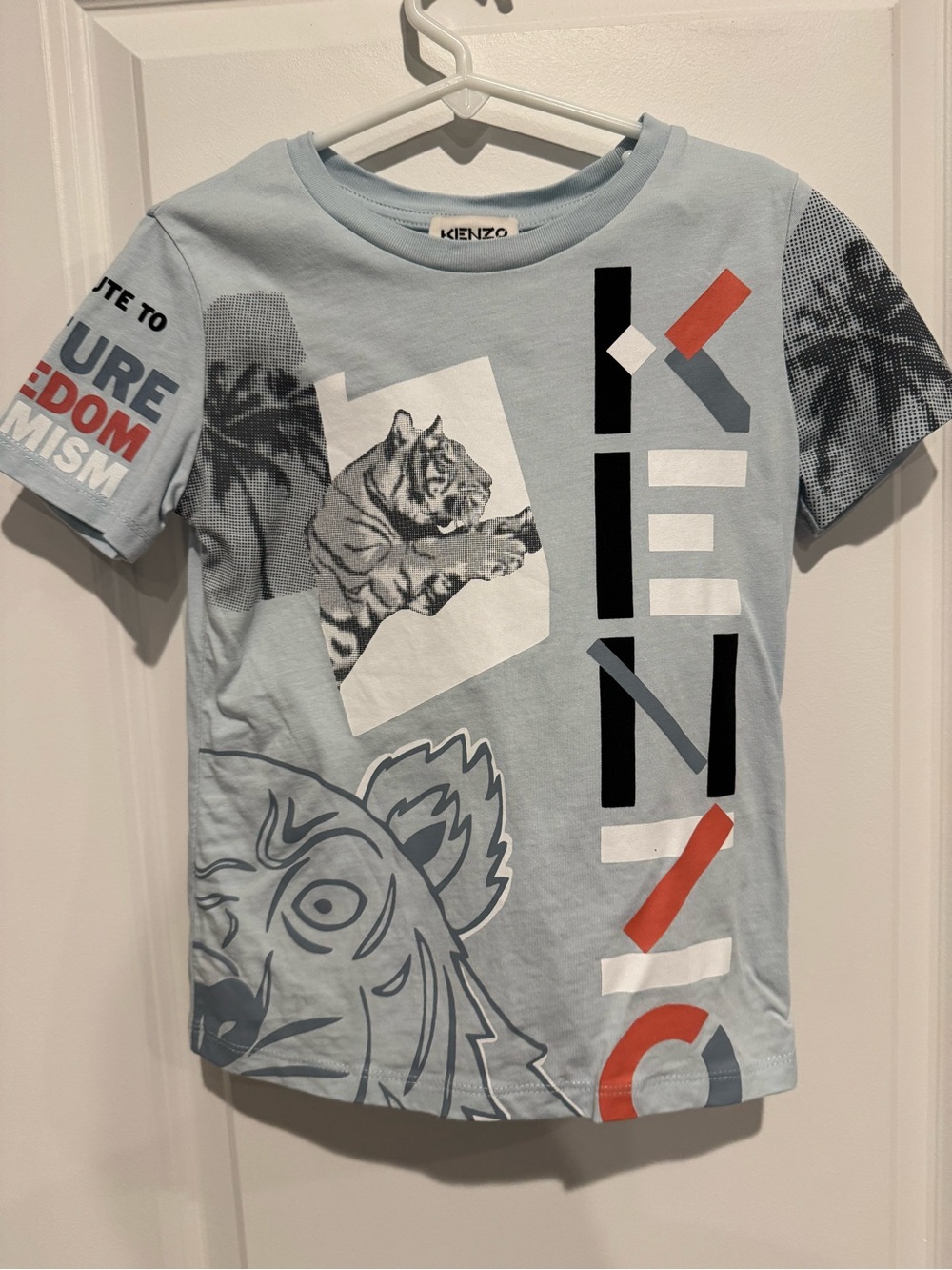 Kenzo Light Blue Graphic Tiger Short Sleeve Tee with Red & Navy Accents